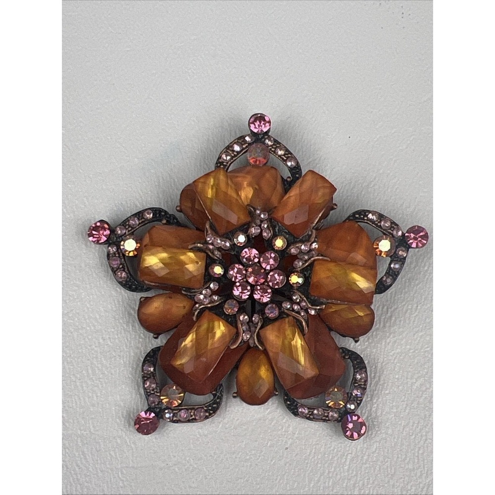 Amber Pink Rhinestone Flower Brooch Pendant Enhancer Copper Tone Floral Pin